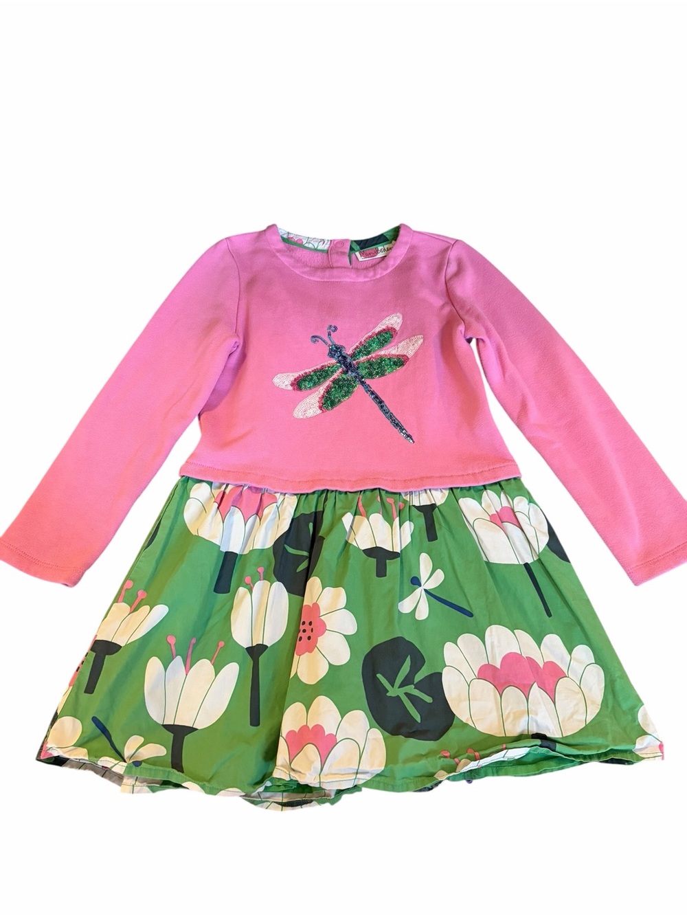 Mini Boden Girls 6-7Y Dragonfly Sequin Lily Pad Appliqué Dress Pink